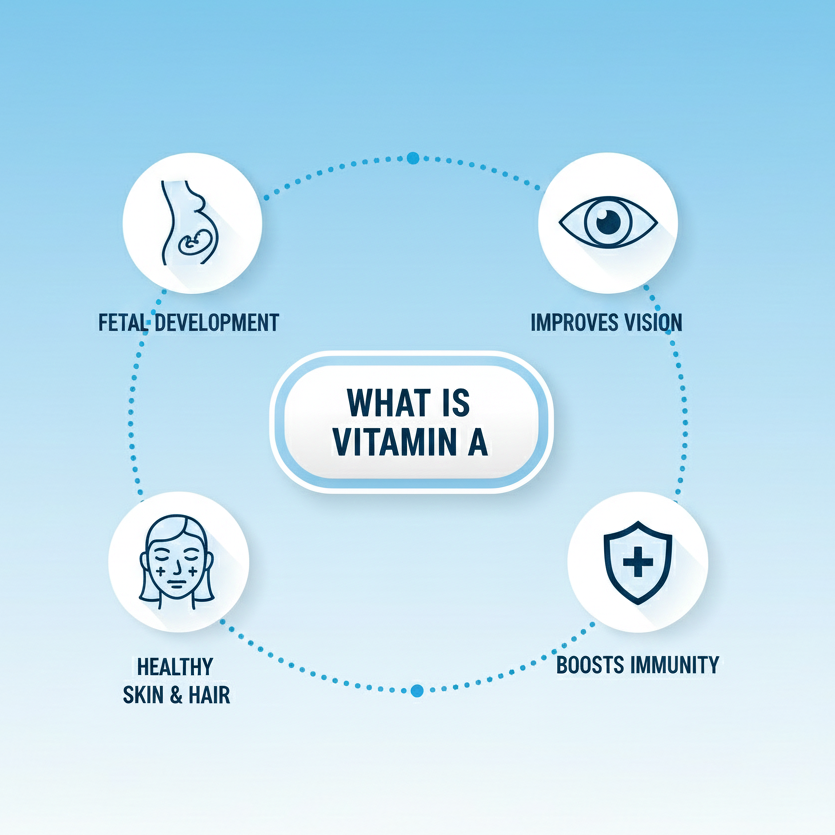 Clean medical infographic detailing Vitamin A sources, benefits (vision, immunity, skin), and deficiency symptoms (night blindness).
