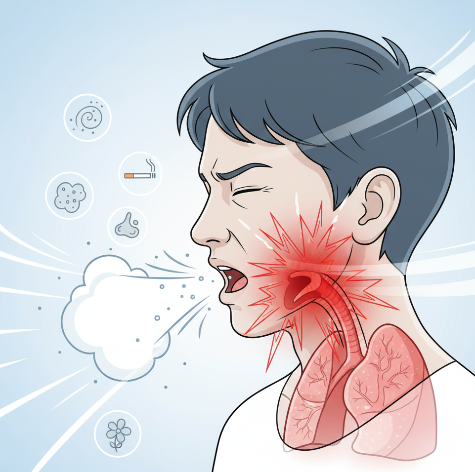 A person coughing forcefully with visible irritation and inflammation in the throat and airway, highlighting the respiratory tract. Surrounding icons show common cough triggers such as dust, smoke, allergens, and cold air.