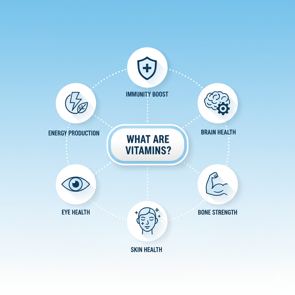 Medical infographic explaining what vitamins are, showing benefits such as immunity boost, brain health, bone strength, skin health, eye health, and energy production, with clean blue background and minimal vector icons.